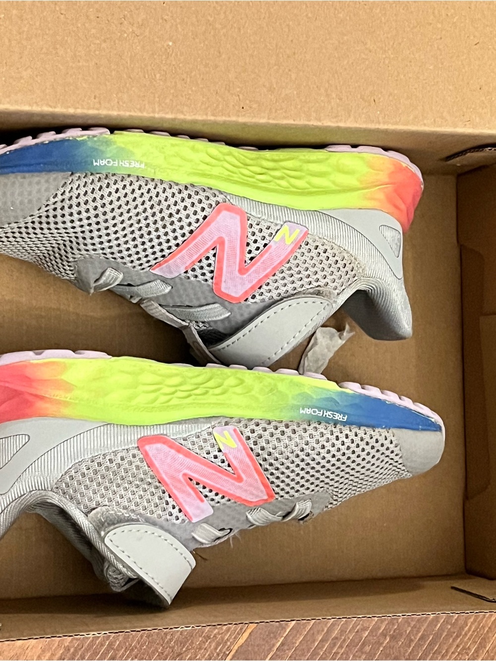 New Balance Kids Gray Sneakers with Neon Rainbow Sole and Pink N Logo